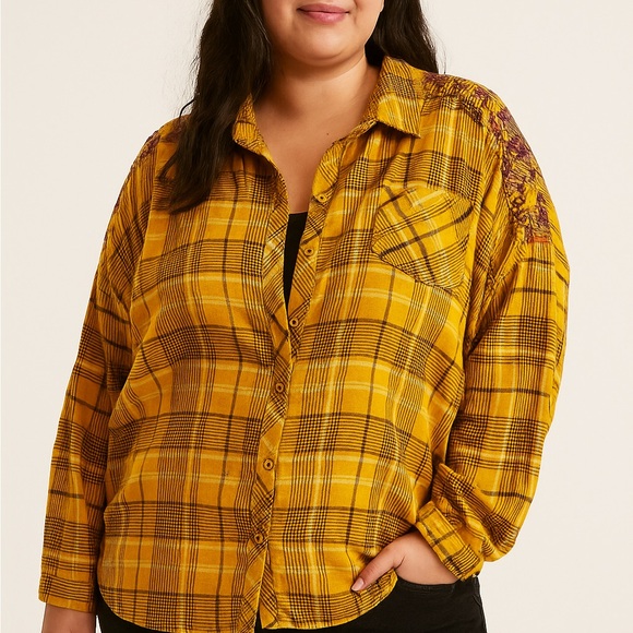 Terra & sky mustard yellow plaid shoulder embroidered button down shirt 1X - Picture 1 of 9